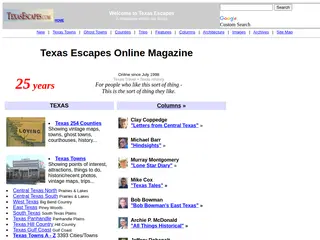 Texas Escapes - All about Texas cities, towns, counties, history, legends, syndicated columns, trips, photos, vintage maps.