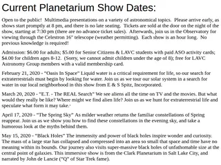 Planetarium Show Dates for the Spring 2015