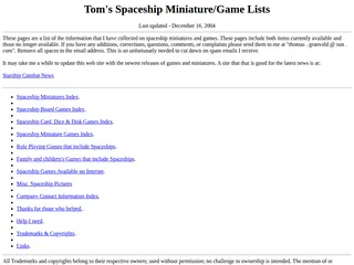 Tom's Spaceship Miniature/Game Lists